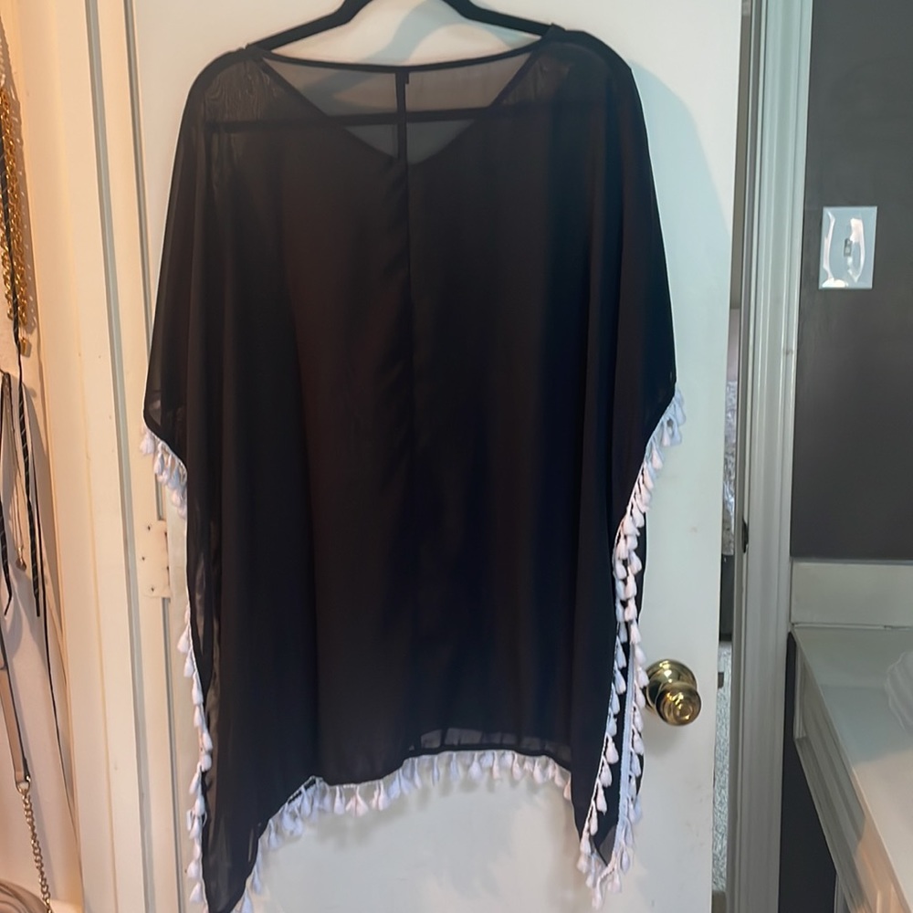 Black Swimsuit Cover Up With White Fringe - 2XL - Picture 4 of 4